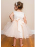 Beaded Tulle Knee Length Flower Girl Dress With Bow